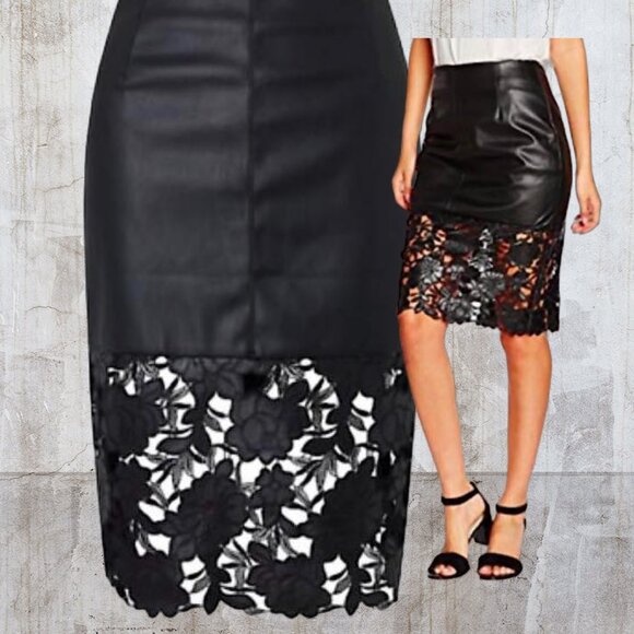 Beautiful Black Faux Leather Skirt  Lace Cut out bottom - Picture 4 of 5